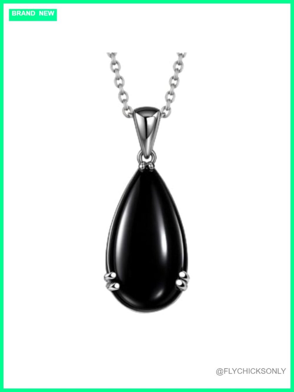 Sterling Silver Black Onyx Teardrop Pendant Necklace 20" Stainless Steel Chain